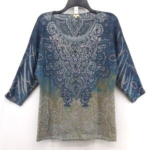 Reba Blouse Womens Size Small Blue Glitter Beaded 3/4 Sleeve Pullover Top